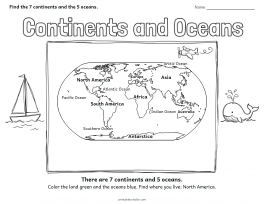 Continents and Oceans worksheet preview