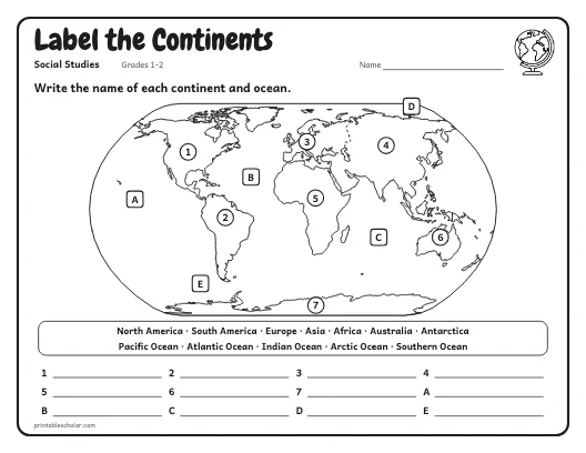 Label the Continents worksheet preview