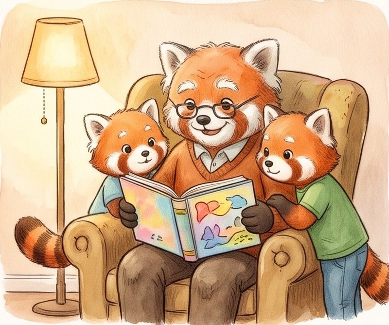 My Family, page 5: Grandpa reads to us.