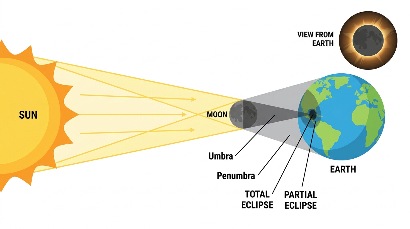 Labeled solar eclipse diagram showing Sun, Moon, and Earth alignment with umbra and penumbra shadow cones, total eclipse and partial eclipse zones, and view from Earth inset