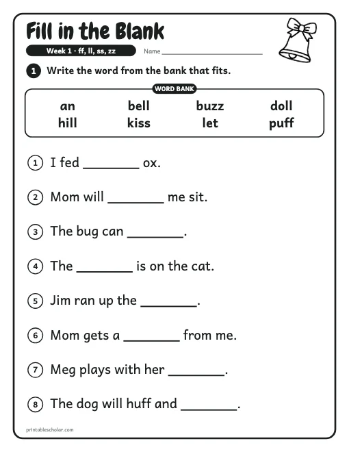 1st grade spelling week 1: fill in the blank preview
