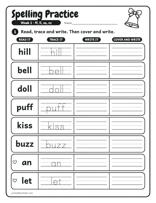 1st grade spelling week 1: practice preview