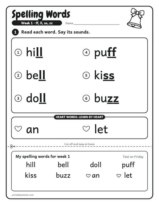 1st grade spelling week 1: word list preview