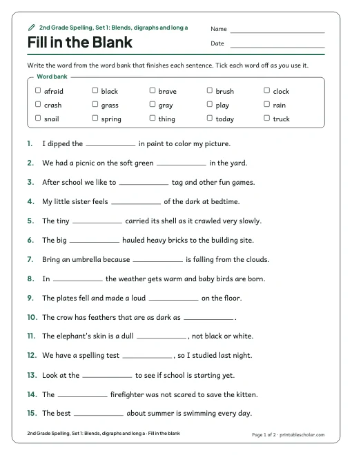 2nd Grade Spelling, Set 1: Blends, digraphs and long a: fill in the blank preview