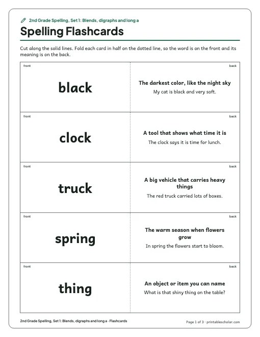 2nd Grade Spelling, Set 1: Blends, digraphs and long a: flashcards preview