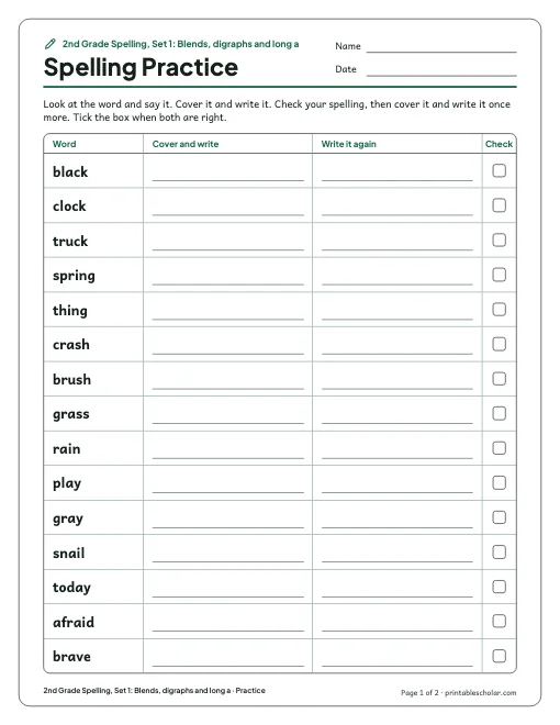 2nd Grade Spelling, Set 1: Blends, digraphs and long a: practice and test preview