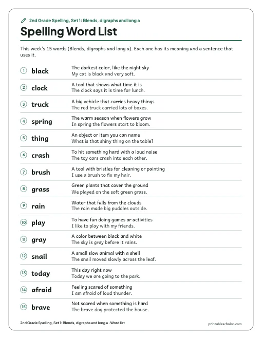 2nd Grade Spelling, Set 1: Blends, digraphs and long a: word list preview