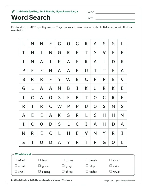 2nd Grade Spelling, Set 1: Blends, digraphs and long a: word search preview