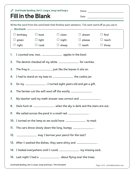 2nd Grade Spelling, Set 2: Long e, long i and long o: fill in the blank preview