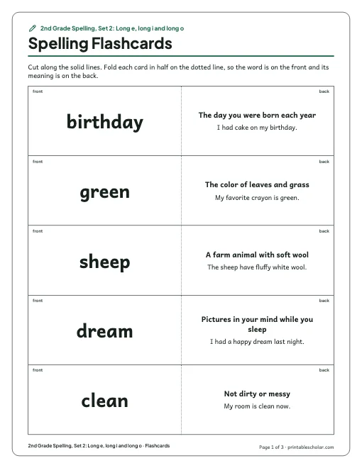 2nd Grade Spelling, Set 2: Long e, long i and long o: flashcards preview