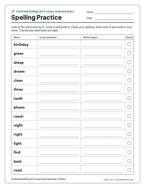 2nd Grade Spelling, Set 2: Long e, long i and long o: practice and test preview