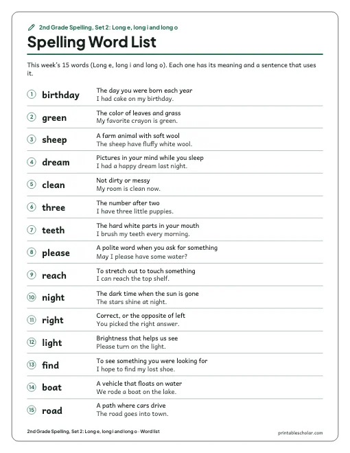 2nd Grade Spelling, Set 2: Long e, long i and long o: word list preview