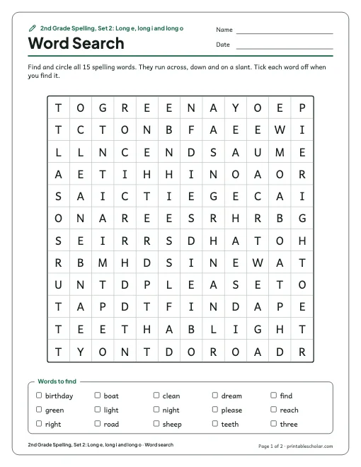 2nd Grade Spelling, Set 2: Long e, long i and long o: word search preview
