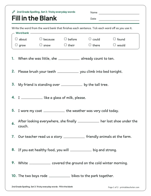 2nd Grade Spelling, Set 3: Tricky everyday words: fill in the blank preview