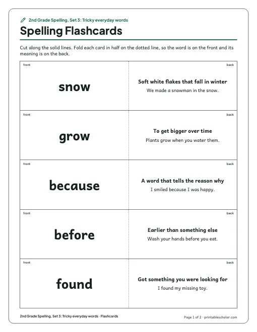 2nd Grade Spelling, Set 3: Tricky everyday words: flashcards preview