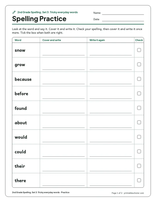 2nd Grade Spelling, Set 3: Tricky everyday words: practice and test preview