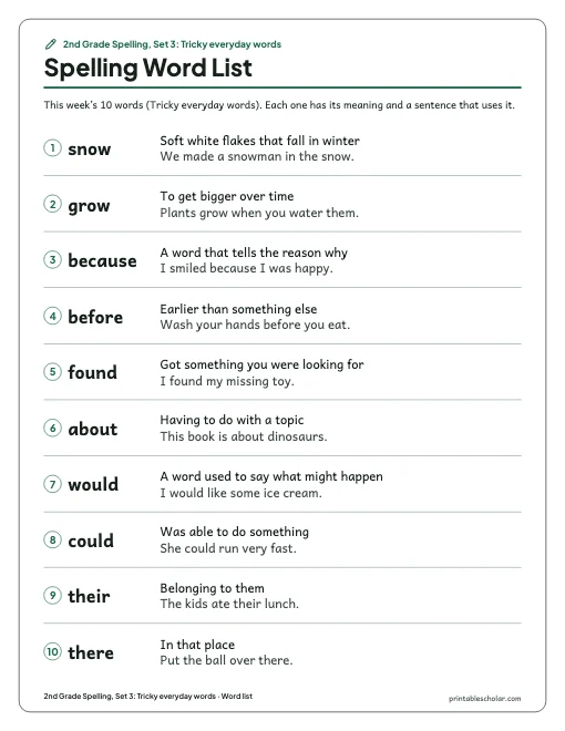 2nd Grade Spelling, Set 3: Tricky everyday words: word list preview