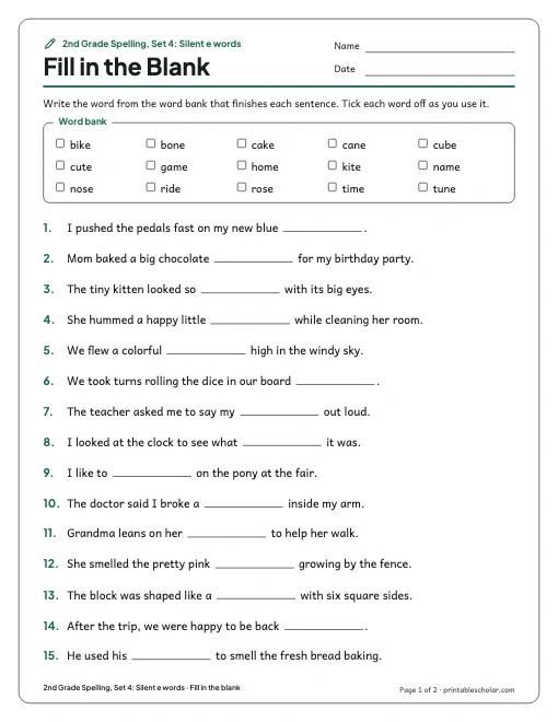 2nd Grade Spelling, Set 4: Silent e words: fill in the blank preview