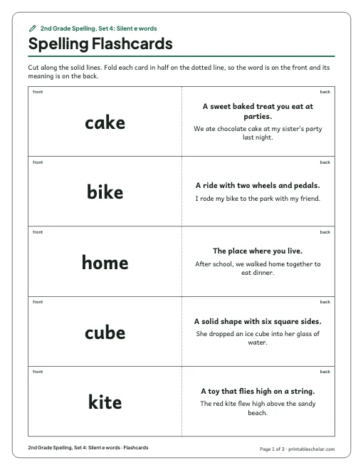 2nd Grade Spelling, Set 4: Silent e words: flashcards preview