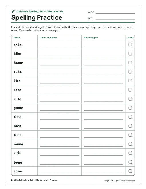 2nd Grade Spelling, Set 4: Silent e words: practice and test preview