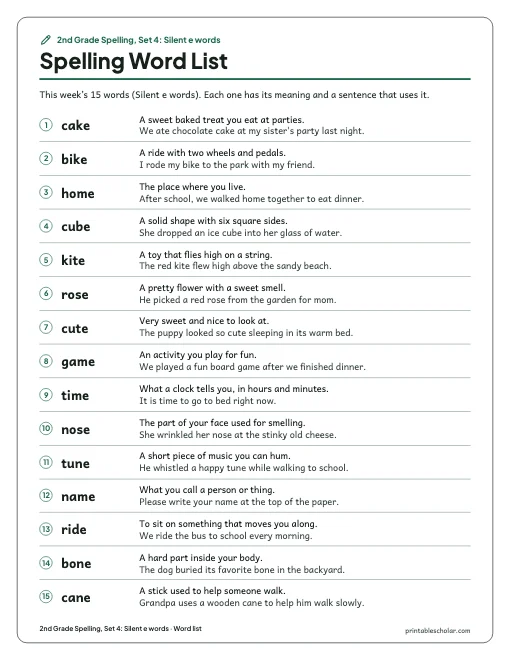 2nd Grade Spelling, Set 4: Silent e words: word list preview