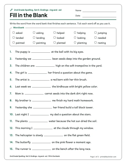 2nd Grade Spelling, Set 5: Endings -ing and -ed: fill in the blank preview