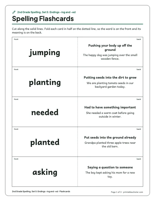 2nd Grade Spelling, Set 5: Endings -ing and -ed: flashcards preview
