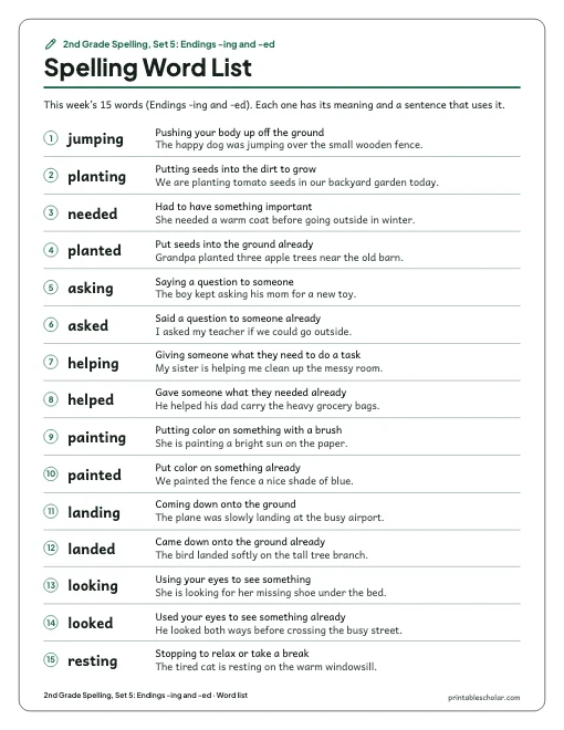 2nd Grade Spelling, Set 5: Endings -ing and -ed: word list preview