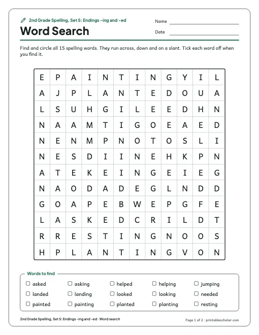 2nd Grade Spelling, Set 5: Endings -ing and -ed: word search preview