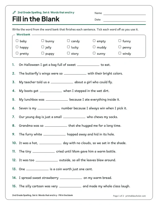 2nd Grade Spelling, Set 6: Words that end in y: fill in the blank preview