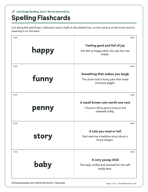 2nd Grade Spelling, Set 6: Words that end in y: flashcards preview