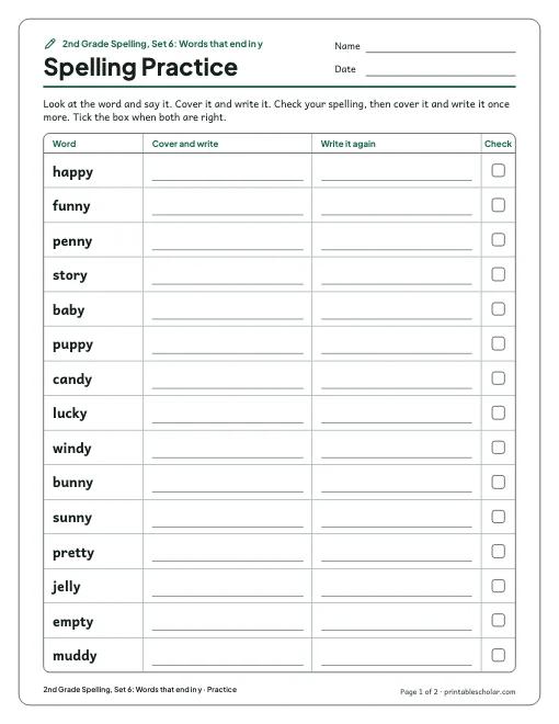 2nd Grade Spelling, Set 6: Words that end in y: practice and test preview