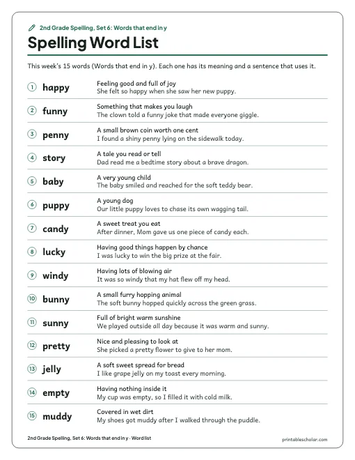 2nd Grade Spelling, Set 6: Words that end in y: word list preview