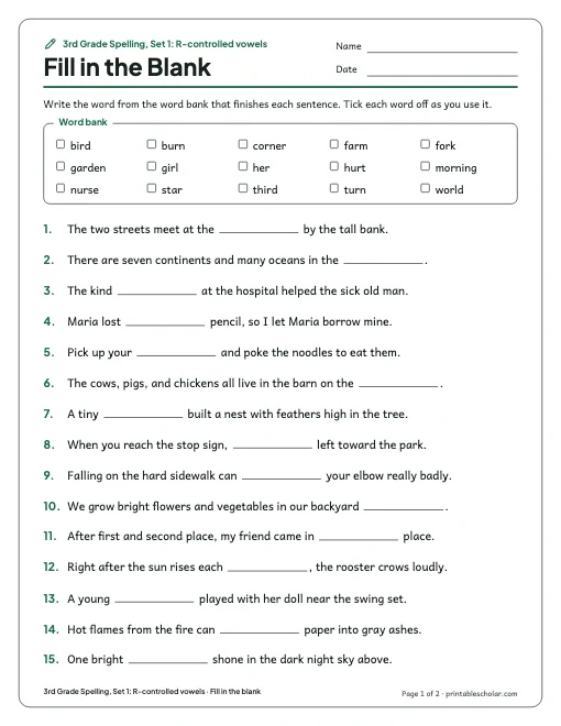 3rd Grade Spelling, Set 1: R-controlled vowels: fill in the blank preview