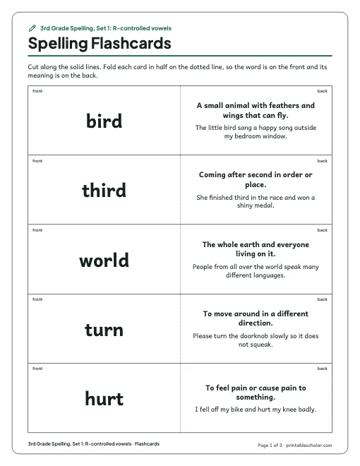3rd Grade Spelling, Set 1: R-controlled vowels: flashcards preview