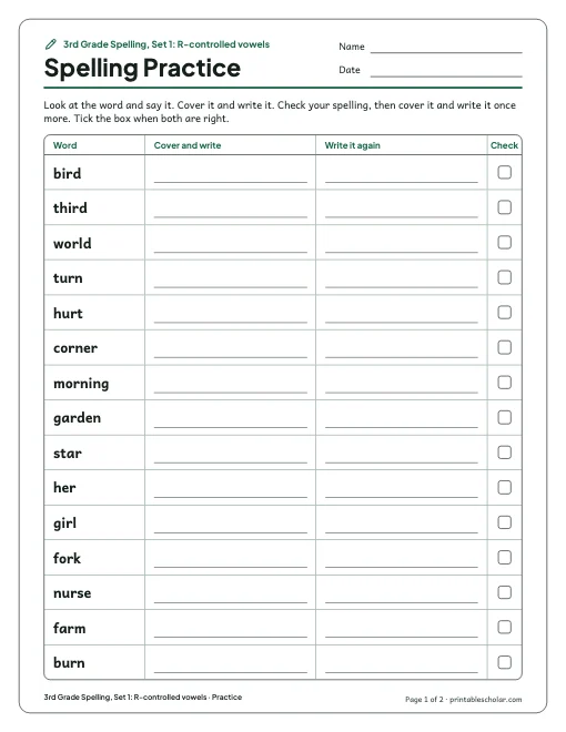 3rd Grade Spelling, Set 1: R-controlled vowels: practice and test preview