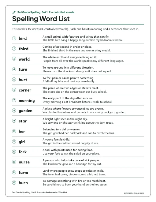3rd Grade Spelling, Set 1: R-controlled vowels: word list preview