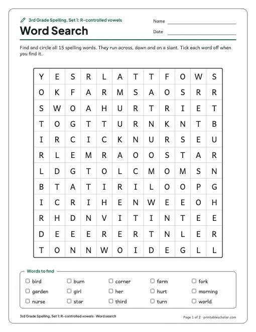 3rd Grade Spelling, Set 1: R-controlled vowels: word search preview