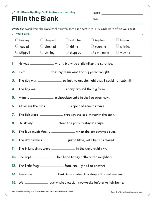 3rd Grade Spelling, Set 2: Suffixes -ed and -ing: fill in the blank preview