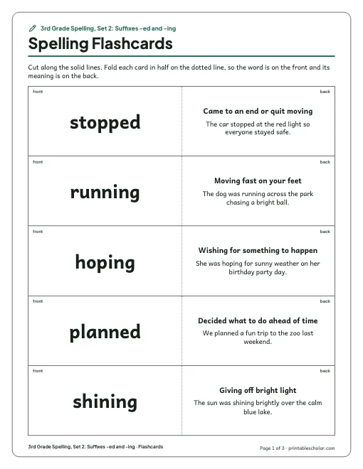 3rd Grade Spelling, Set 2: Suffixes -ed and -ing: flashcards preview