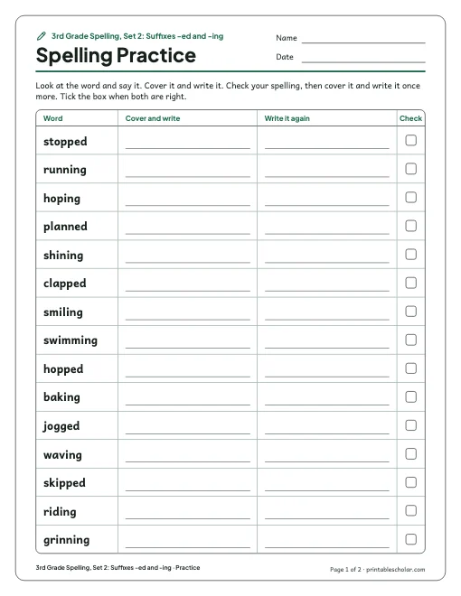 3rd Grade Spelling, Set 2: Suffixes -ed and -ing: practice and test preview