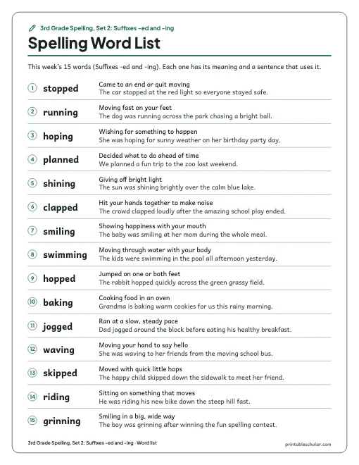 3rd Grade Spelling, Set 2: Suffixes -ed and -ing: word list preview