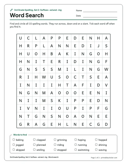 3rd Grade Spelling, Set 2: Suffixes -ed and -ing: word search preview