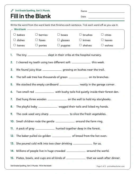 3rd Grade Spelling, Set 3: Plurals: fill in the blank preview
