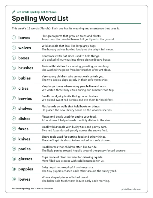 3rd Grade Spelling, Set 3: Plurals: word list preview