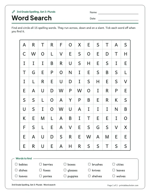 3rd Grade Spelling, Set 3: Plurals: word search preview
