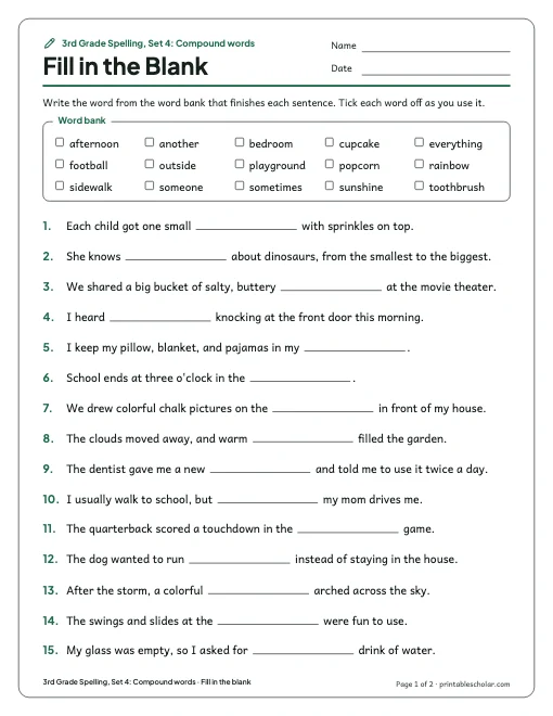 3rd Grade Spelling, Set 4: Compound words: fill in the blank preview