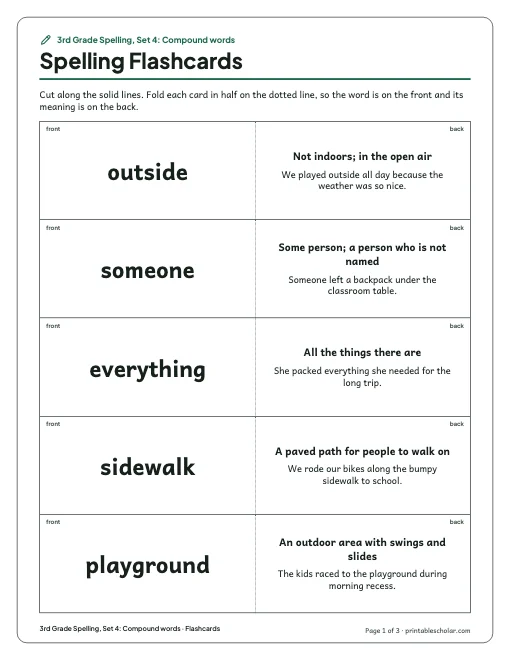 3rd Grade Spelling, Set 4: Compound words: flashcards preview