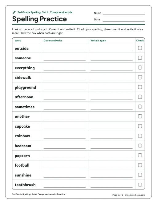3rd Grade Spelling, Set 4: Compound words: practice and test preview