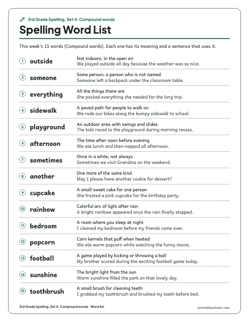 3rd Grade Spelling, Set 4: Compound words: word list preview